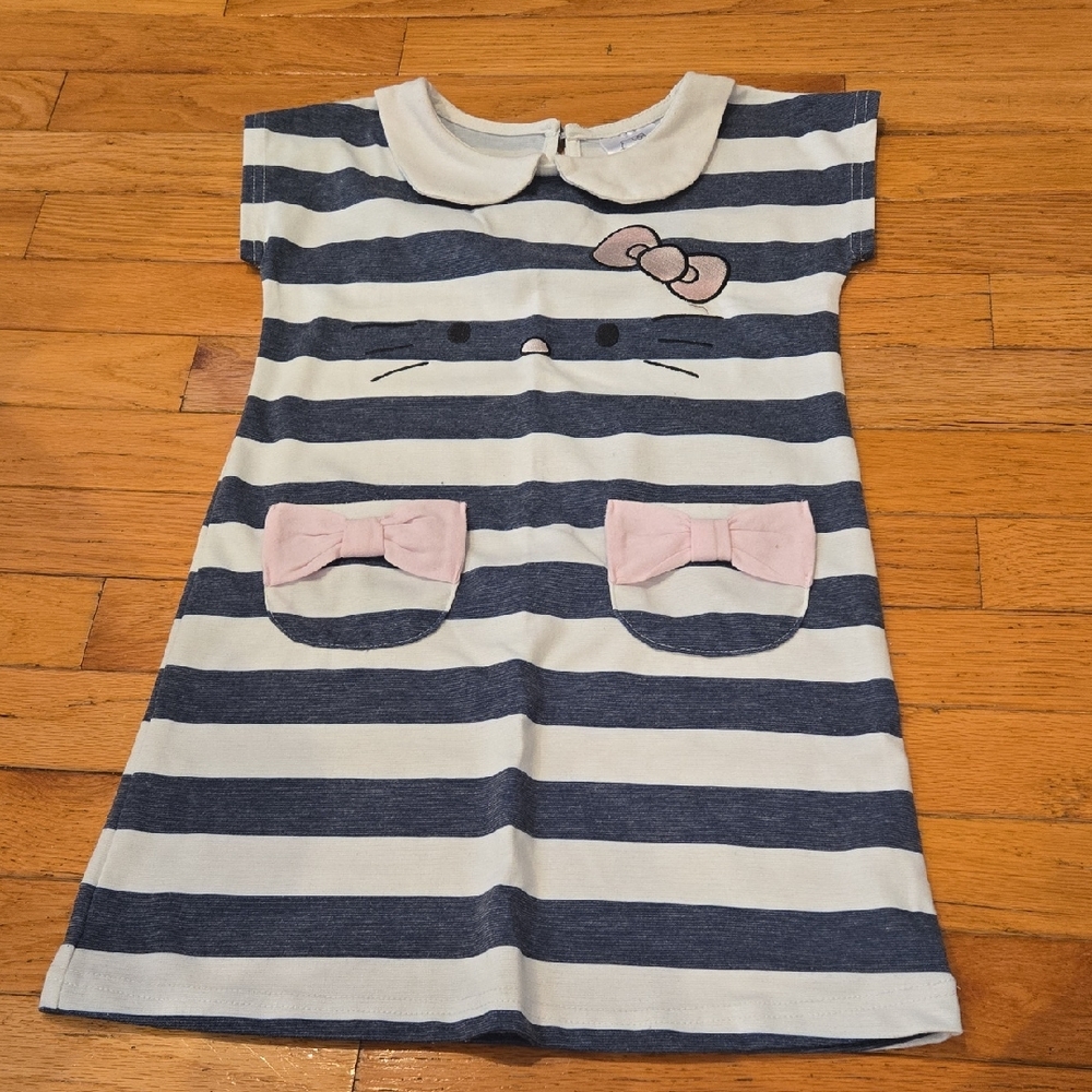 Striped Navy and White Kids Dress with Pink Accents